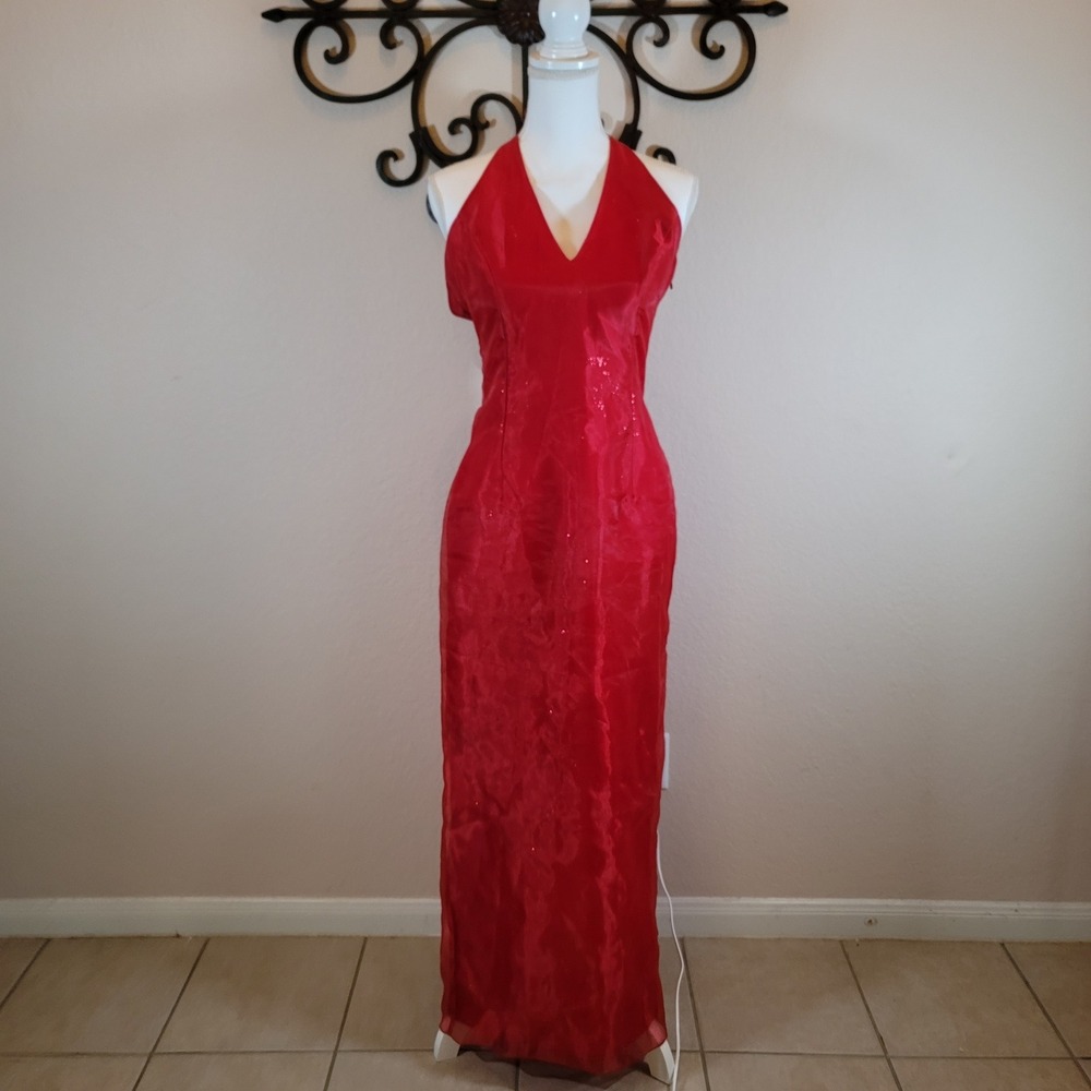 Vintage Jessica McClintock Gunne Sax Red Shimmer Halter Gown 7 Waterfall Train